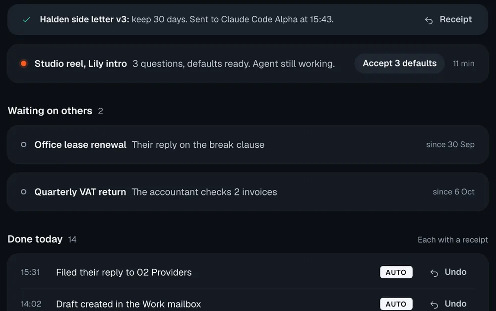 Answered in place: keep 30 days, sent to Claude Code Alpha at 15:43, with a receipt. Below, a batch of 3 questions with defaults ready, and Done today with Undo on each line.