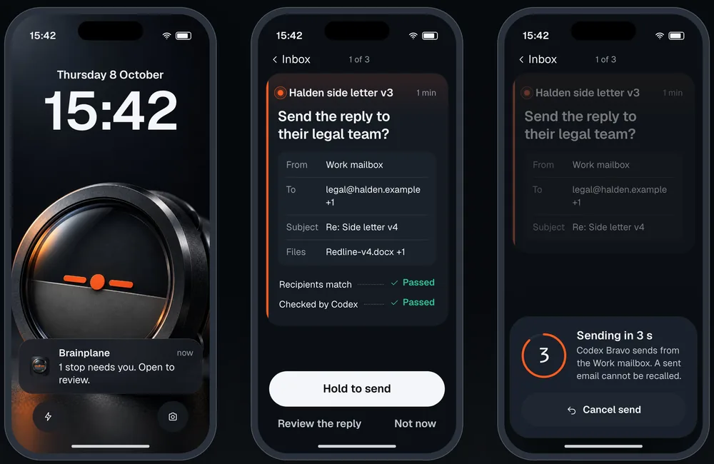3 iPhone screens. A lock screen alert that names nothing. A send approval with recipients checked, and a Hold to send button. A 5 second countdown with Cancel send.