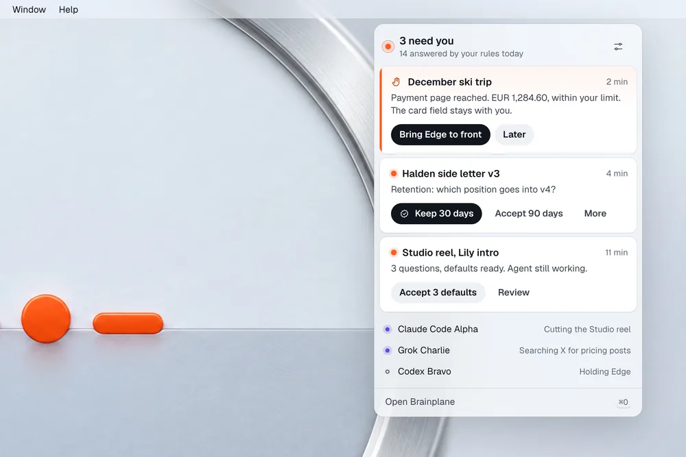 The menu bar panel: 3 need you, 14 answered by your rules today. Cards for a ski trip payment, a retention question with the suggested answer, and a batch of 3 defaults.